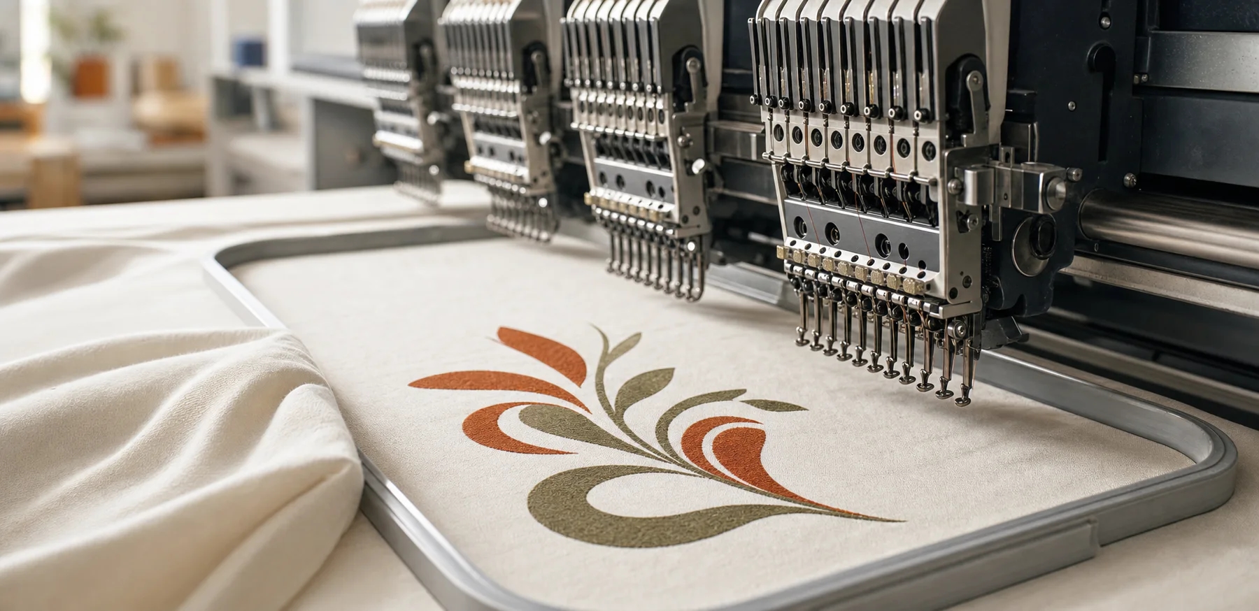Industrial embroidery machine stitching an abstract textile motif